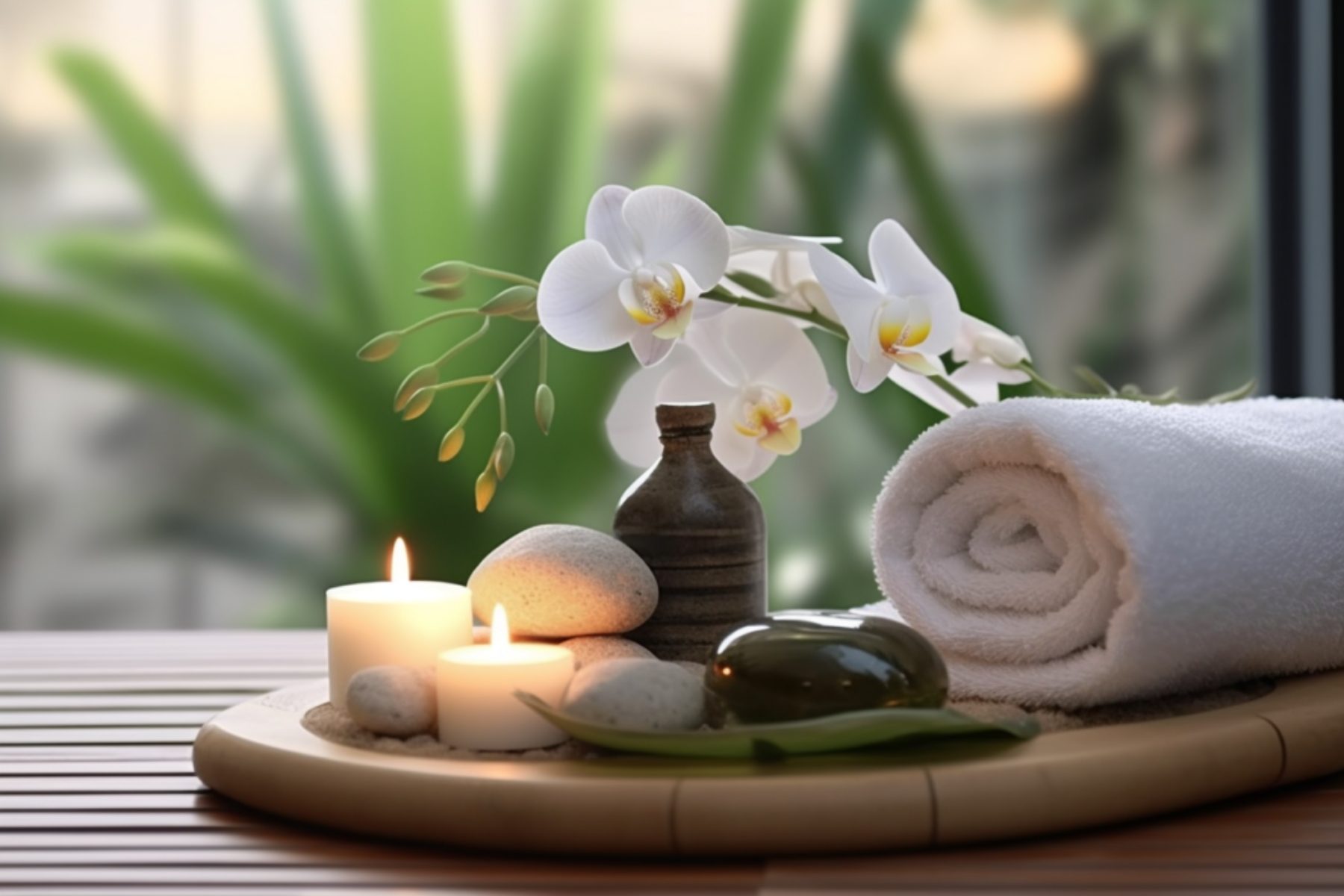 Rolled towel, lit candles and white orchids on a tranquil spa tray
